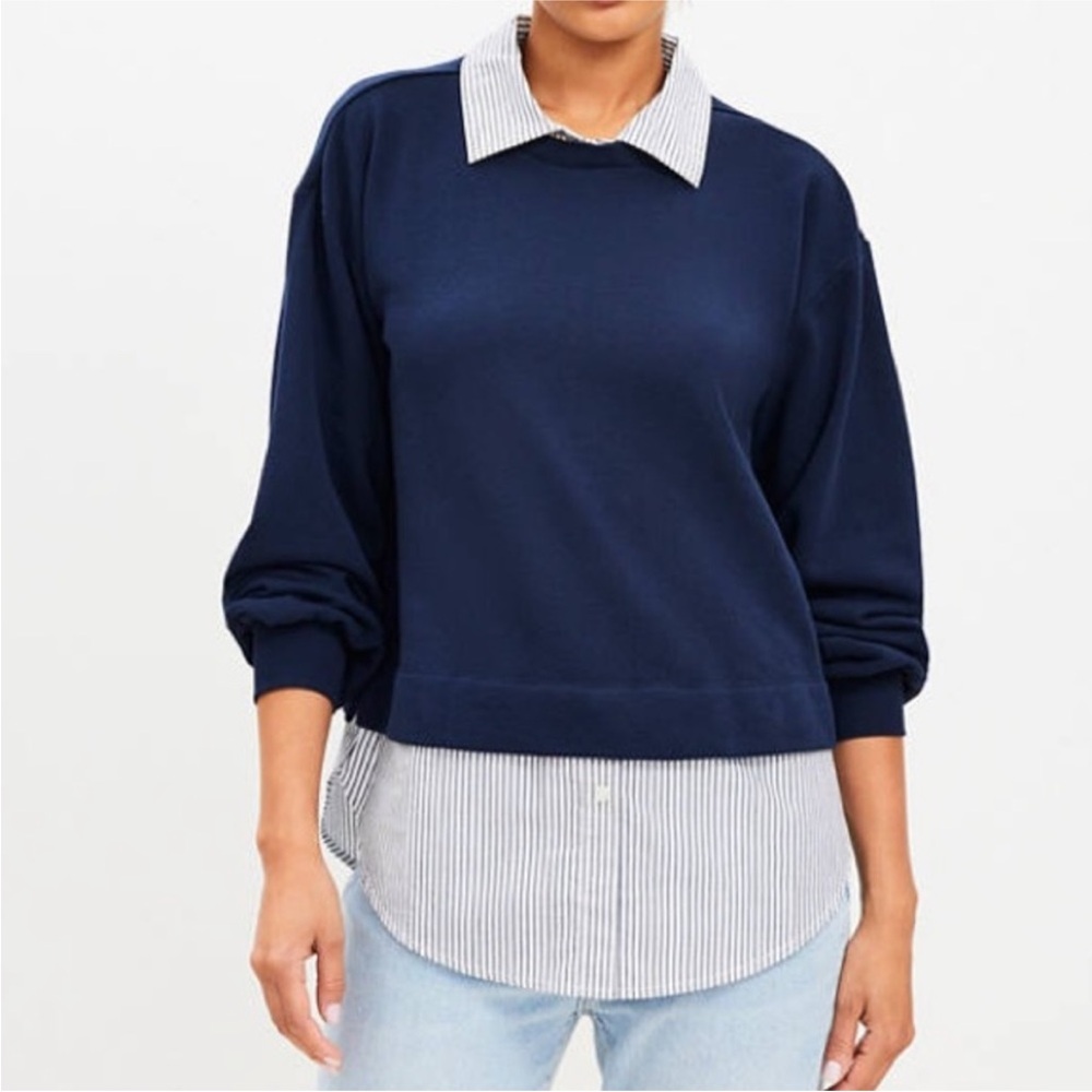 LOFT  Stripe Poplin Layered Mixed Media Sweater - Picture 2 of 5
